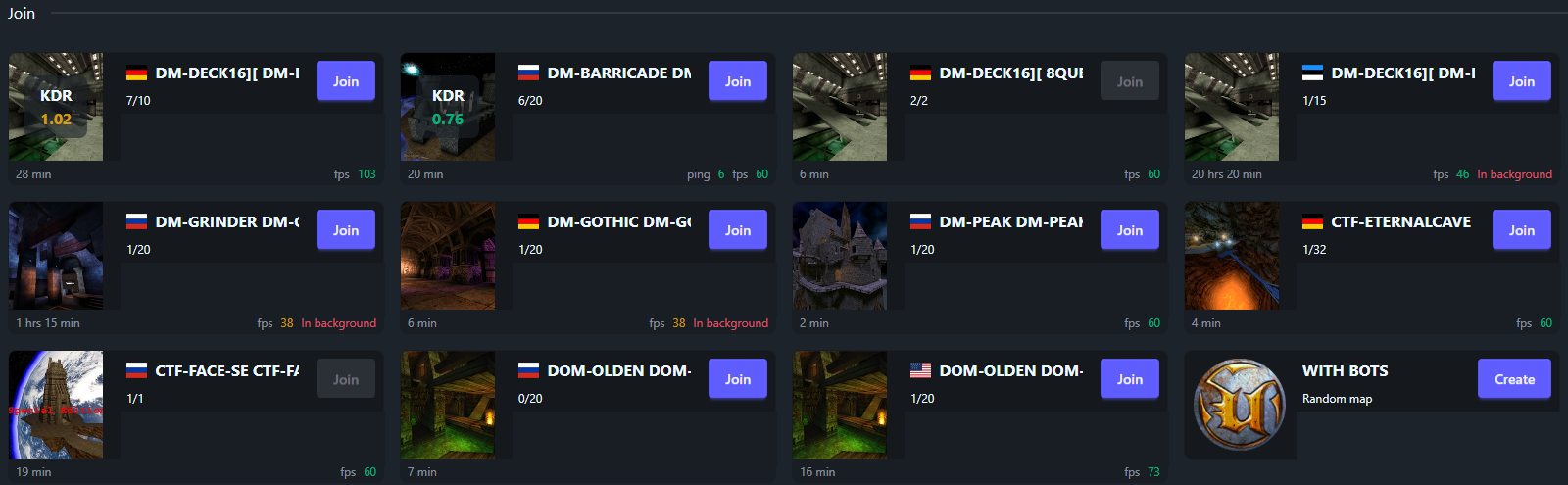 Der Multiplayer-Hub von DOS Zone: Kacheln mit offenen Räumen, je mit Map-Bild, Länderflagge, Spielerzahl und Join-Knopf, dazu eine Kachel „With Bots“.
